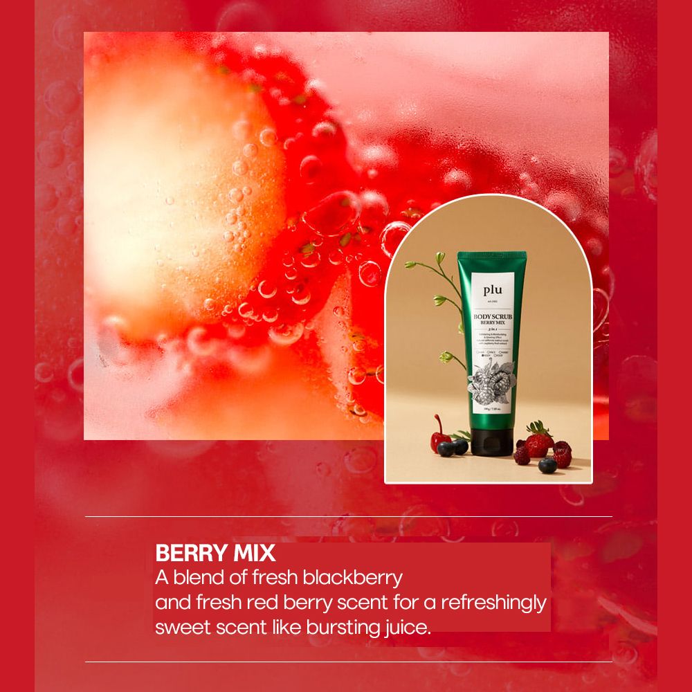 Grüne Tube mit schwarzem Verschluss. Aufschrift: PLU, Body Scrub Berry Mix. Umgeben von roten Früchten und Blasen. Text: Berry Mix.