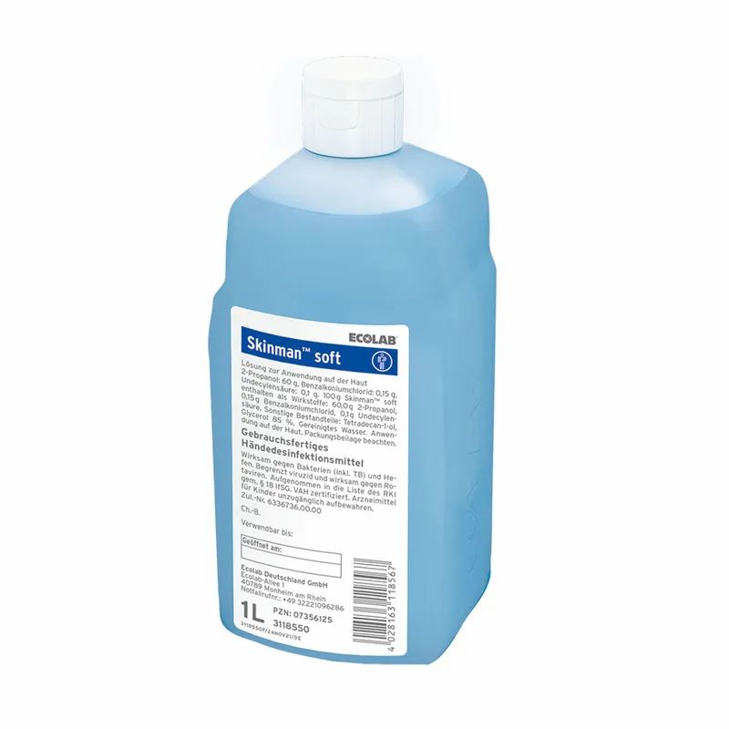 Blaue Flasche mit weißem Deckel. Aufschrift Skinman soft und Ecolab. 1L-Markierung. Etikett mit Produktinformationen.