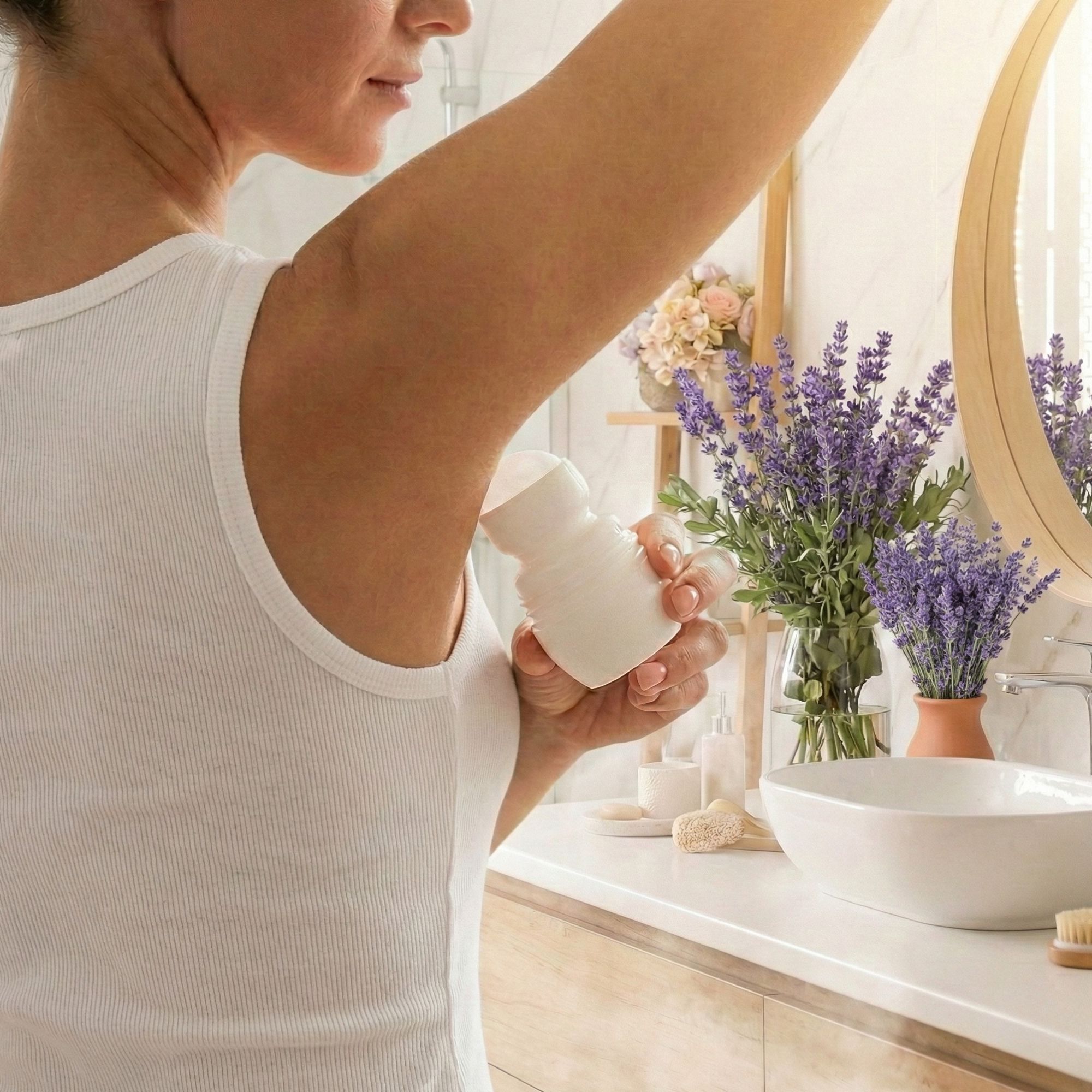 Person hält weißen Roll-on-Deo unter dem Arm. Im Hintergrund ein Badezimmer mit Spiegel und Blumen.
