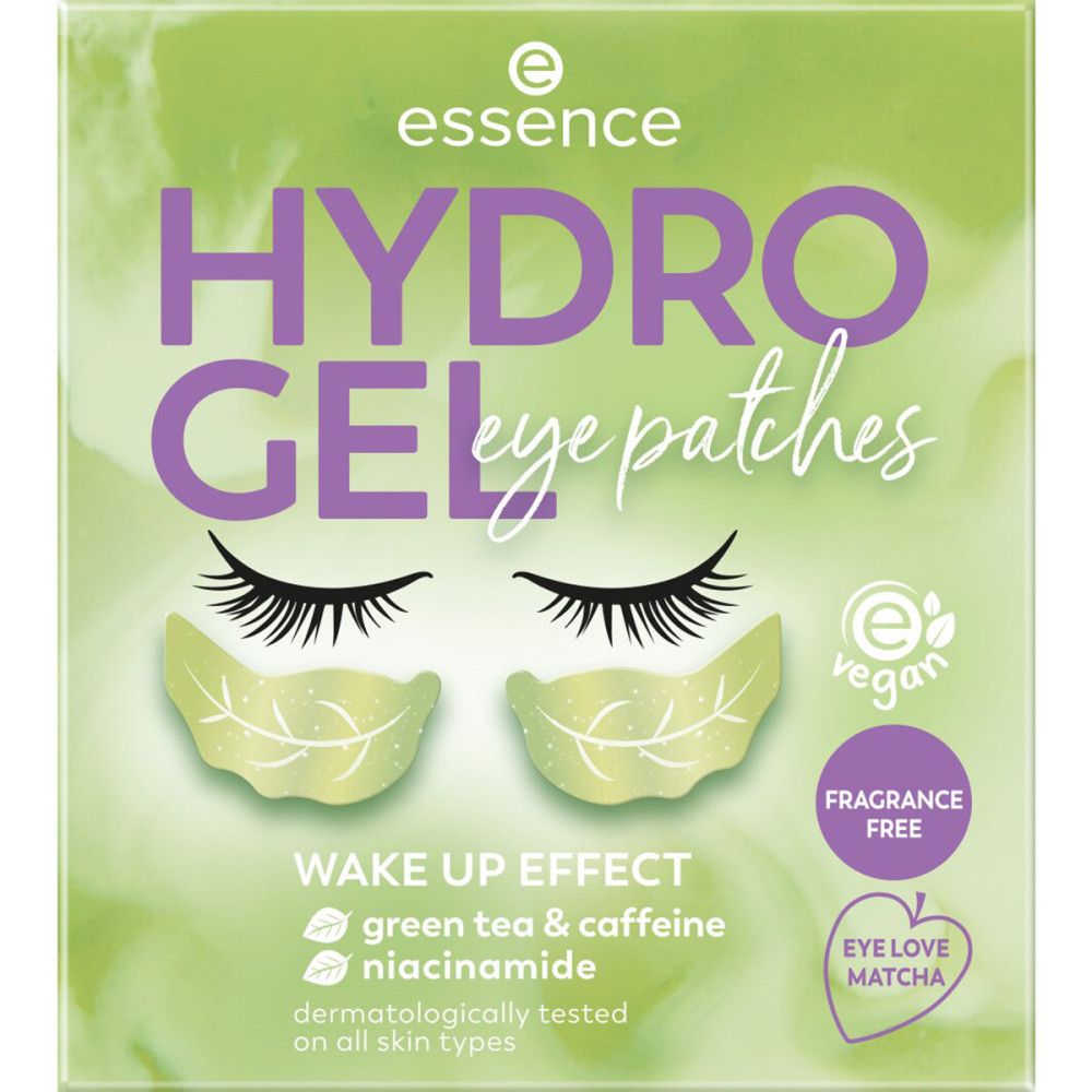 Verpackung mit Augenpads. Aufschrift: Essence, HYDRO GEL eye patches, vegan, fragrance free.