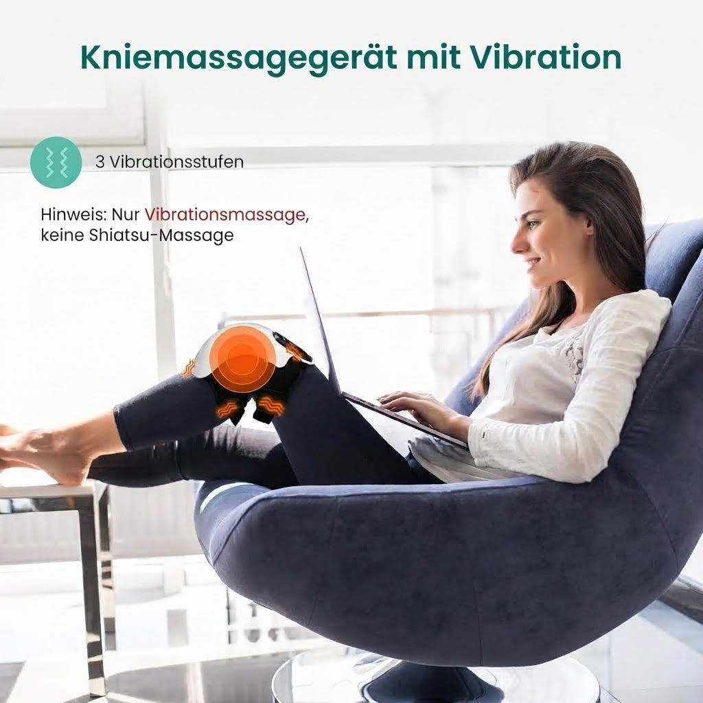Ein Kniemaschinen-Massagegerät mit Vibrationseinstellungen und Wärme, das eine Frau benutzt.