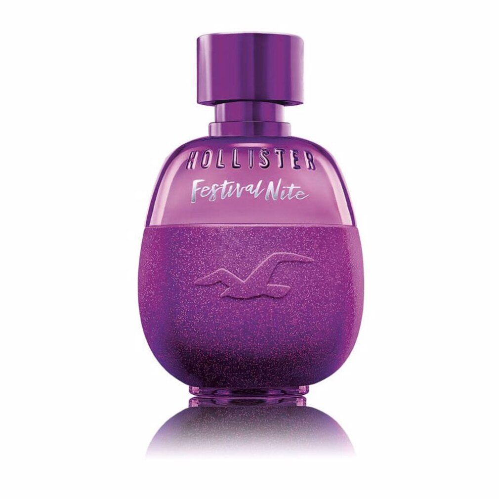 Parfümflakon mit lila Glitzer-Design. Oberteil transparent, Sprühkopf und Verschluss lila. Schriftzug 'Festival Nite'.