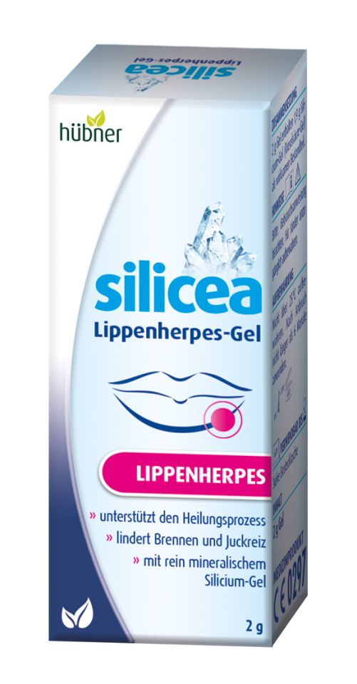 Schachtel mit Silicea Lippenherpes-Gel. Marke Hübner. Aufschrift: Lippenherpes. Enthält 2 g Gel. CE-Kennzeichnung.