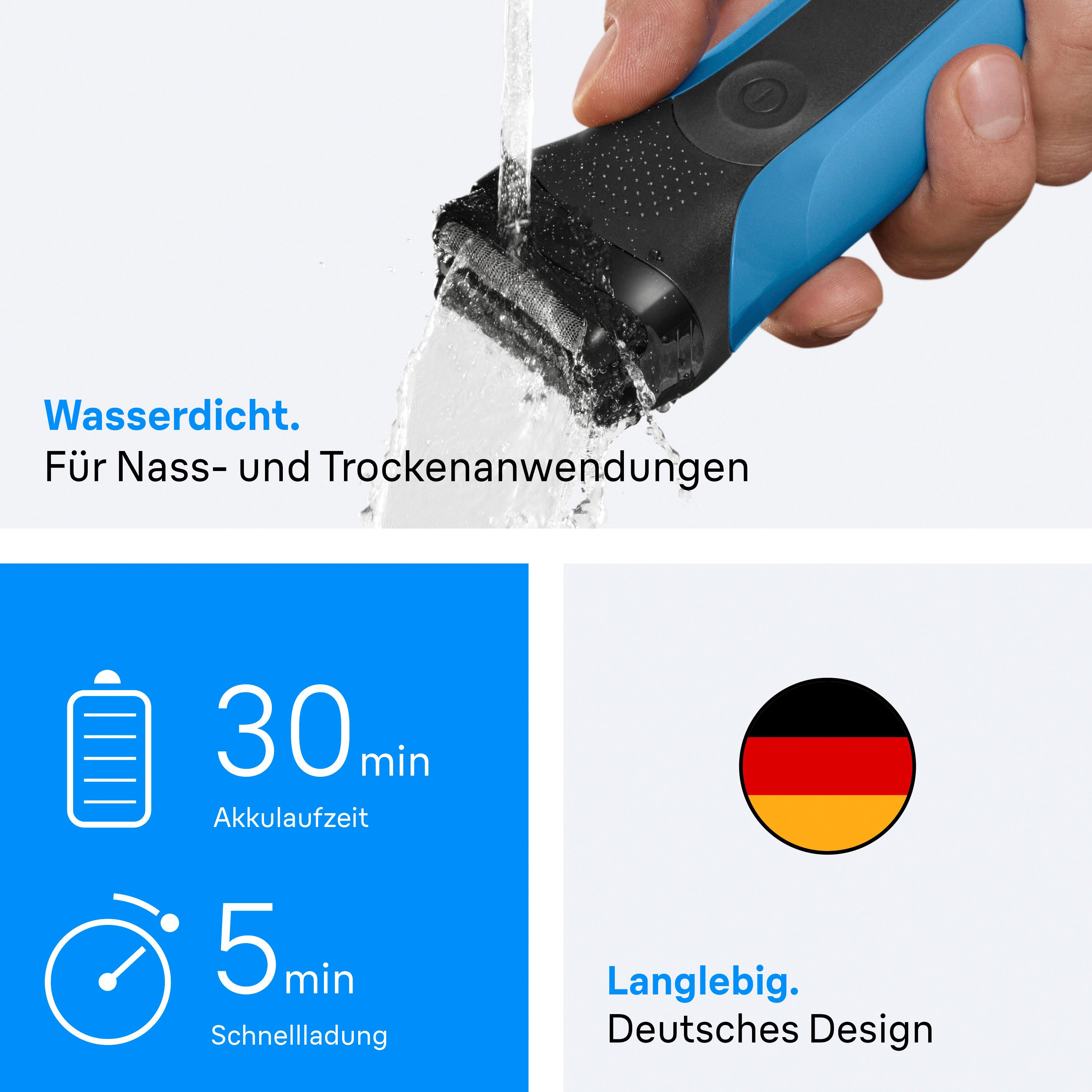 Braun Series 3 Rasierer wird unter fließendem Wasser gereinigt. Symbole für Akkulaufzeit und Schnellladung.
