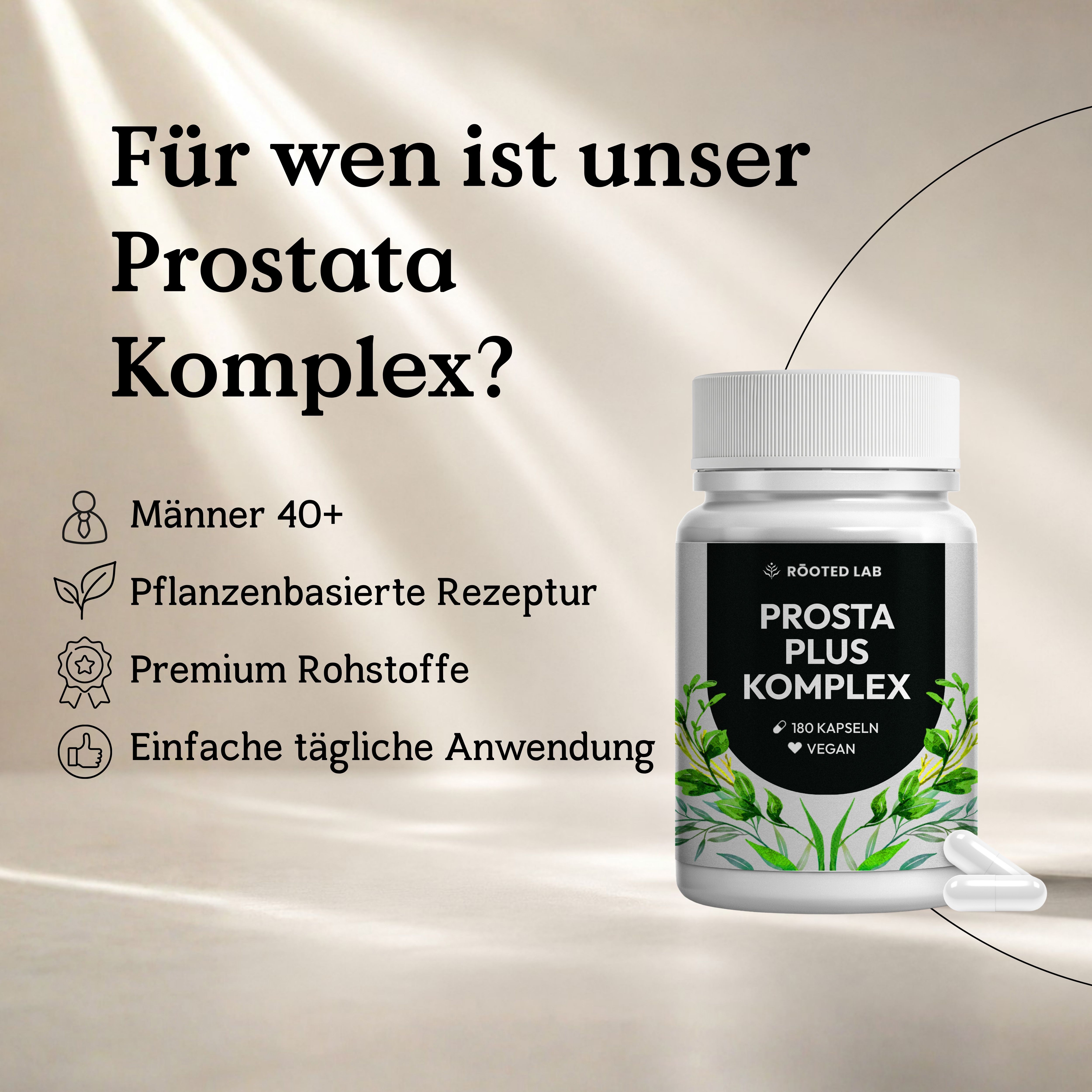 Flasche Prostata Plus Komplex mit Icons: Männer 40+, pflanzlich, Premium Rohstoffe, einfache Anwendung.