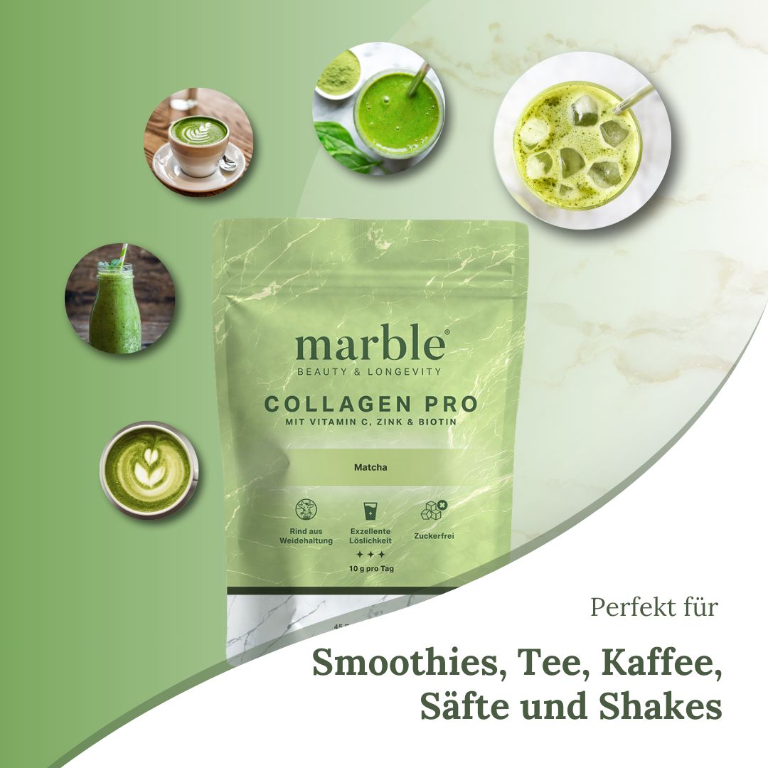 Grüne Verpackung marble© Collagen Pro, Matcha. Mit Vitamin C, Zink & Biotin. Geeignet für Smoothies, Tee, Kaffee, Säfte und Shakes.