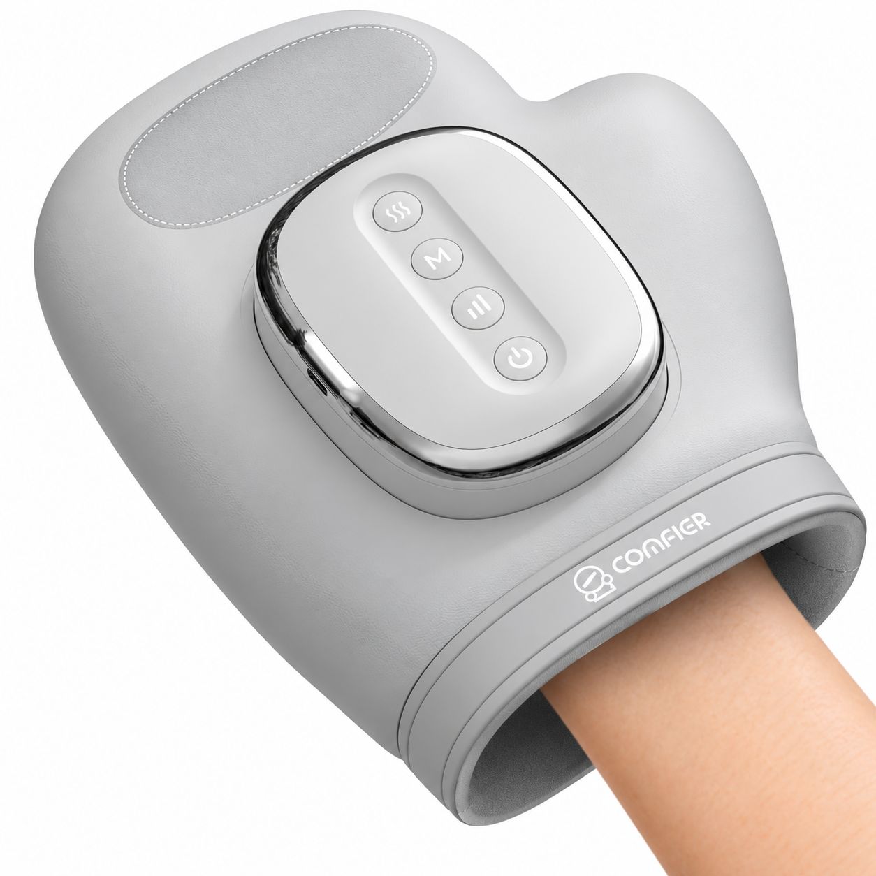 Graues Handmassagegerät mit Bedienelementen und Logo.