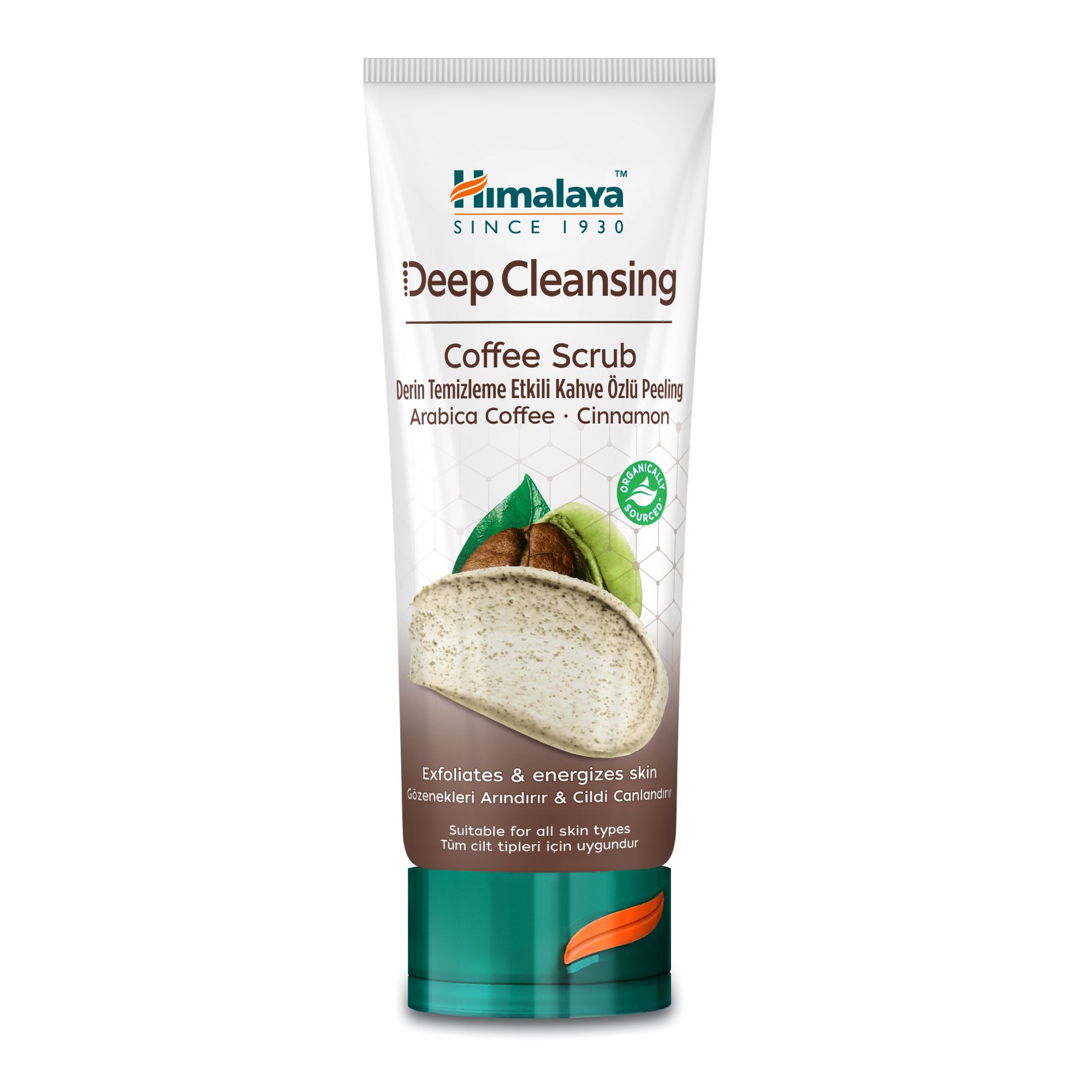 Weiß-grüne Tube mit Produkt. Aufschrift: Himalaya, Deep Cleansing, Coffee Scrub. Abbildung von Kaffeebohnen und Blättern.
