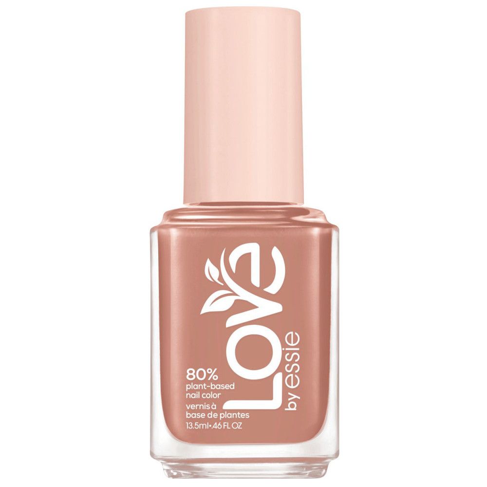 Nagellackflasche, rosa Deckel, quadratische Form. Aufschrift: Love by Essie, 80% pflanzlich, Nagellack, 13,5 ml.