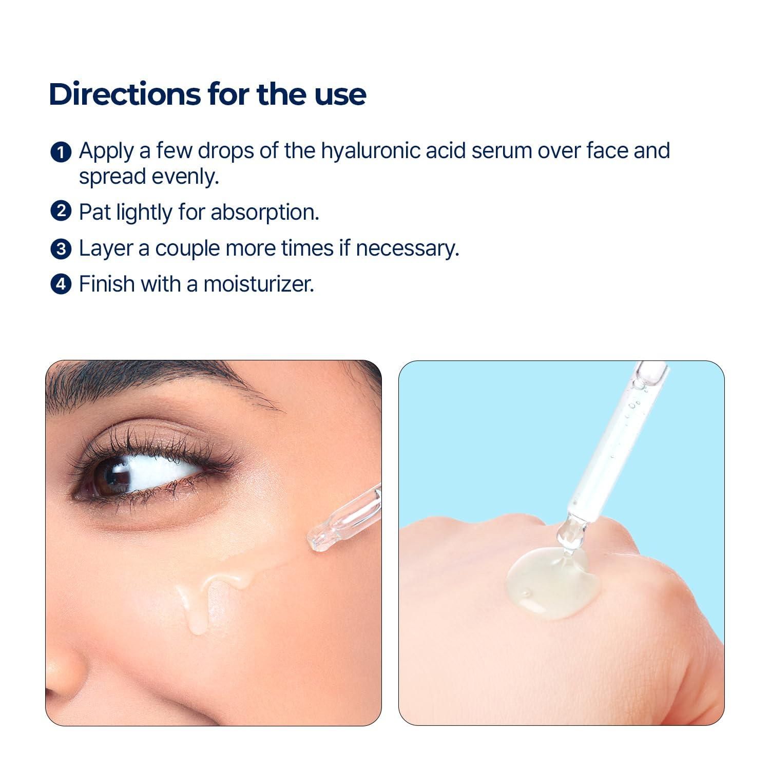 Anwendung des Serums. Gesicht und Hand mit Serum. Pipette. Text: Directions for the use. Serum ist transparent.