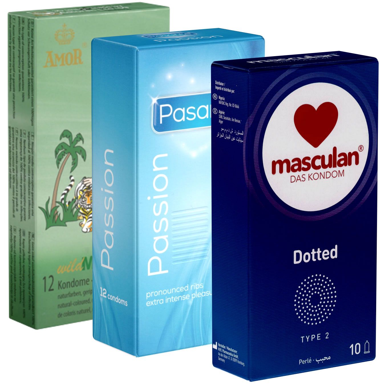 Drei Packungen Kondome: Amor, Passion und Mascullan Dotted.