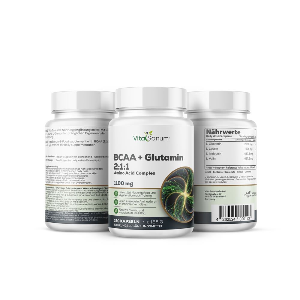 Drei Flaschen VitaSanum BCAA + Glutamin Kapseln, 1100 mg pro Kapsel, 150 Kapseln.