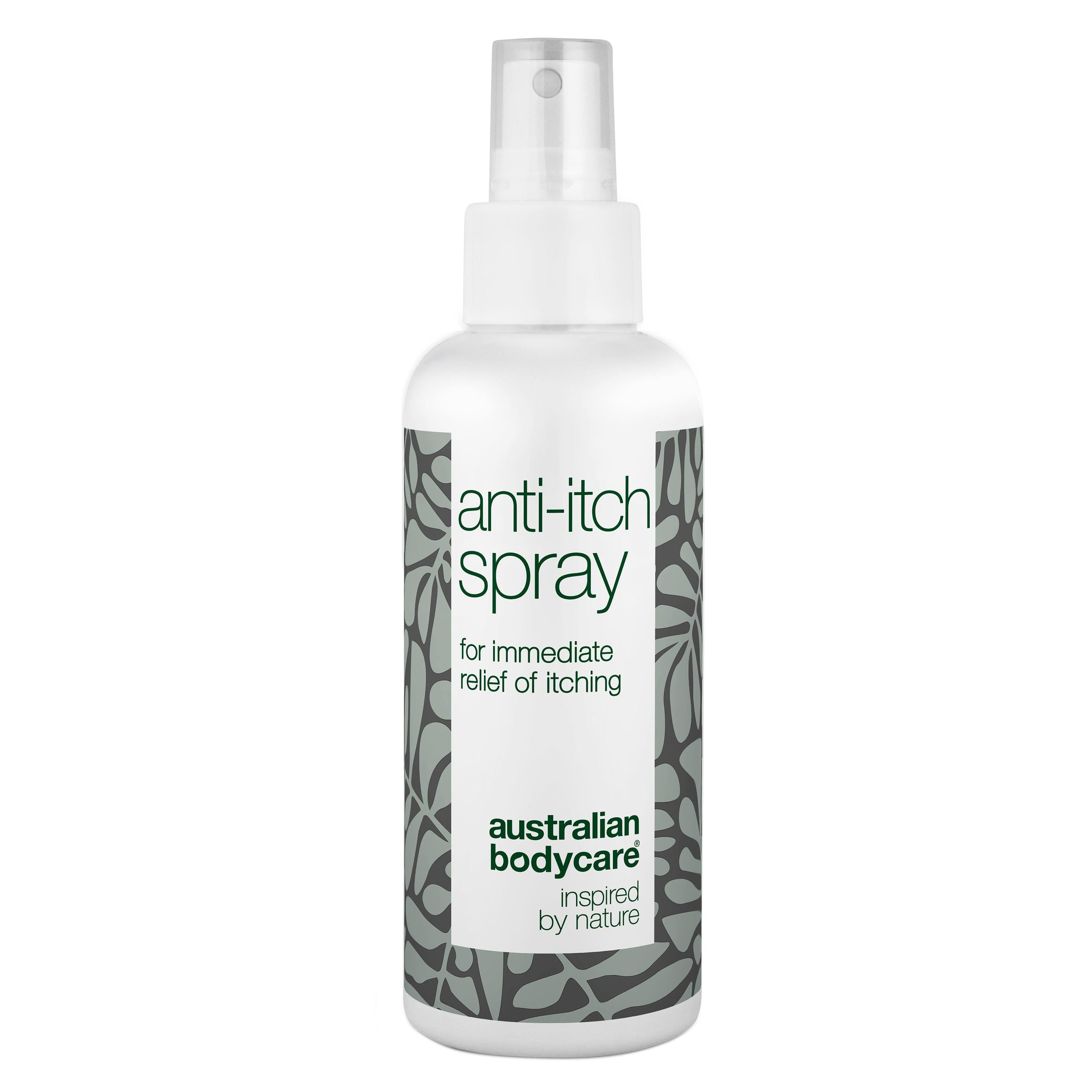 Weißes Spray mit Aufschrift 'anti-itch spray' und 'australian bodycare'.