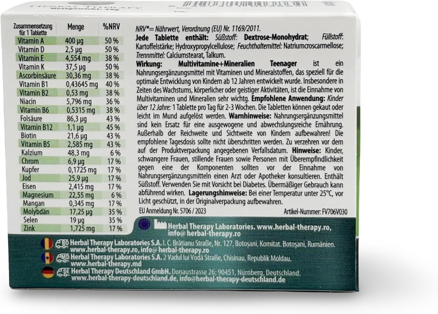 Rückseite der Verpackung mit Inhaltsstoffen und Nährwertangaben. Text in Deutsch. Herbal Therapy Logo.