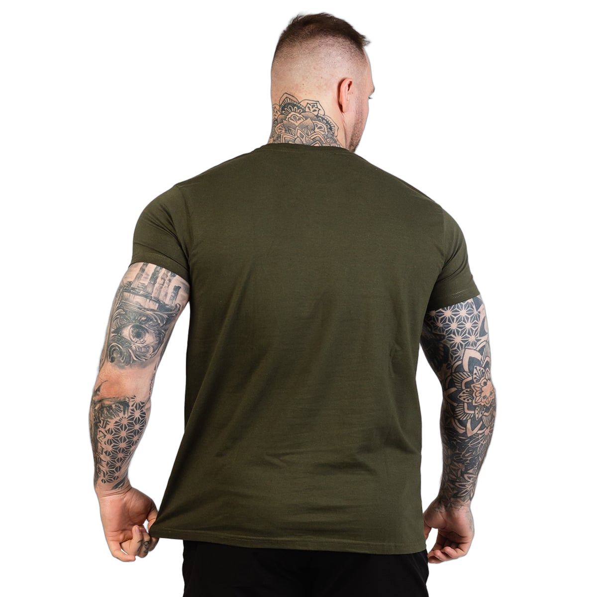 Rückansicht eines Herren T-Shirts in Militärgrün.