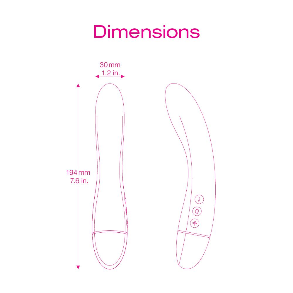 Rosa Massagegerät mit Maßen. 194 mm lang, 30 mm breit. Bedienknöpfe.