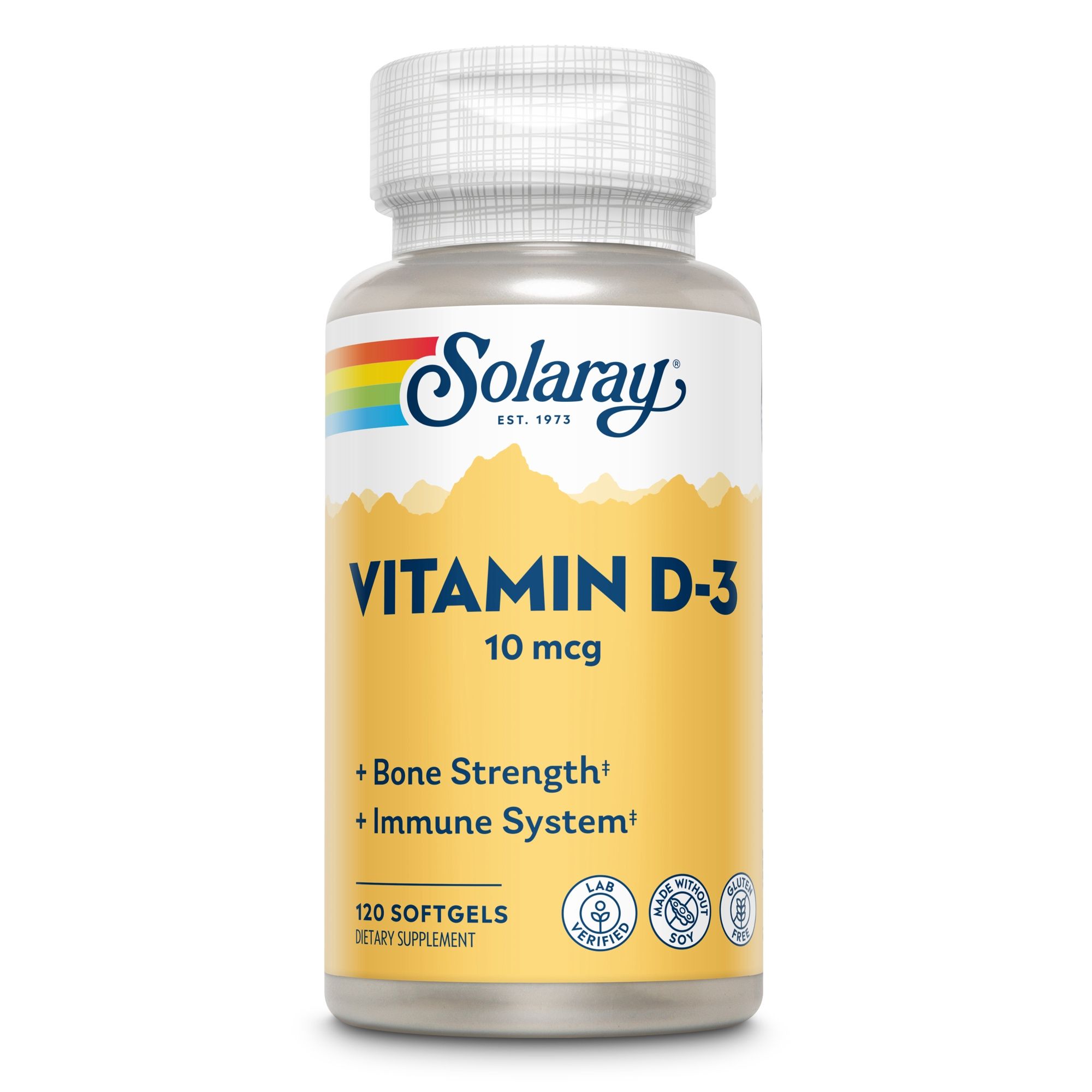 Solaray Vitamin D-3 10 mcg Flasche. Aufschrift: Knochenstärke, Immunsystem. 120 Softgels. Laborzertifizierung und andere Qualitätszeichen.
