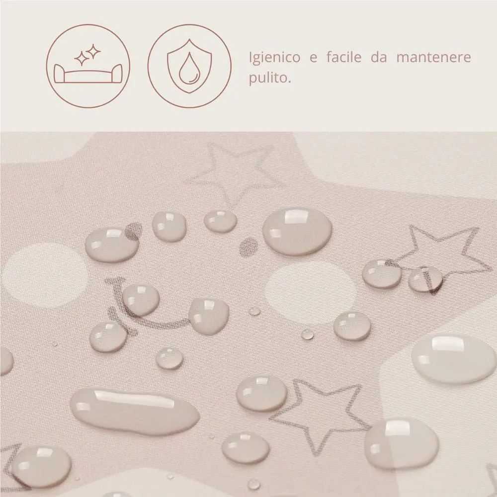 Wassertropfen auf einer Wickelauflage mit Sternenmuster. Text: Hygienisch und leicht sauber zu halten.