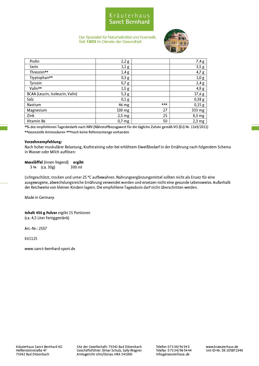 Sanct Bernhard Sport Protein-XXL 92 Vanille-Dose. Weißer Deckel, gelber Hintergrund, Produktname und Logo.