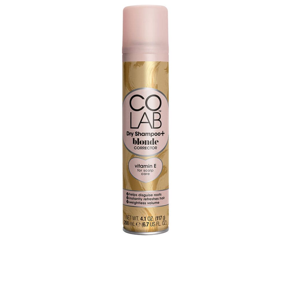 Trockenshampoo-Sprühflasche. Goldfarbener Hintergrund. Rosa Deckel und Schriftzug. Enthält Vitamin E. Nettogewicht 4,1 oz (117 g).