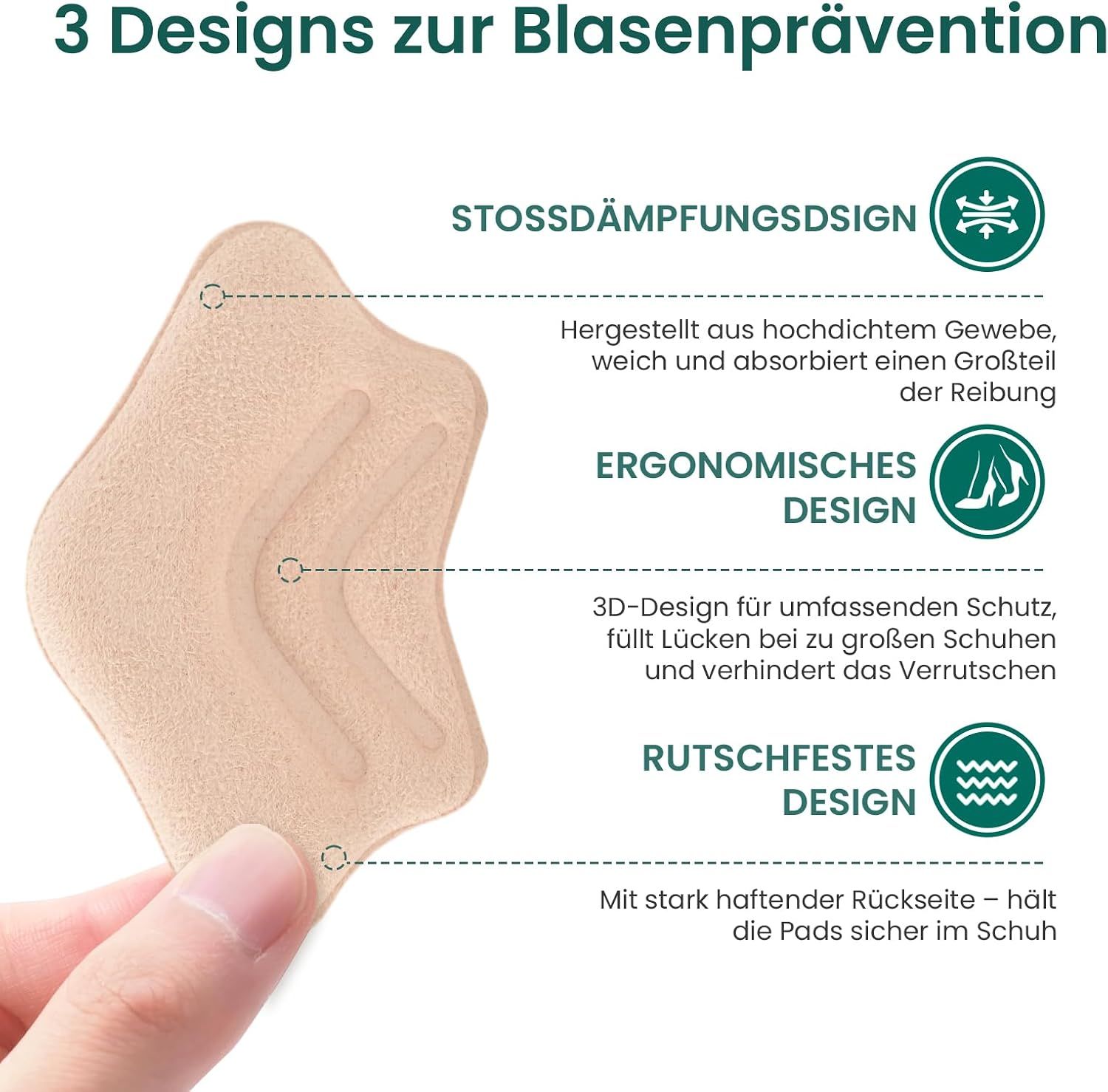 Fersenpolster aus hochdichtem Gewebe, weich und absorbierend.