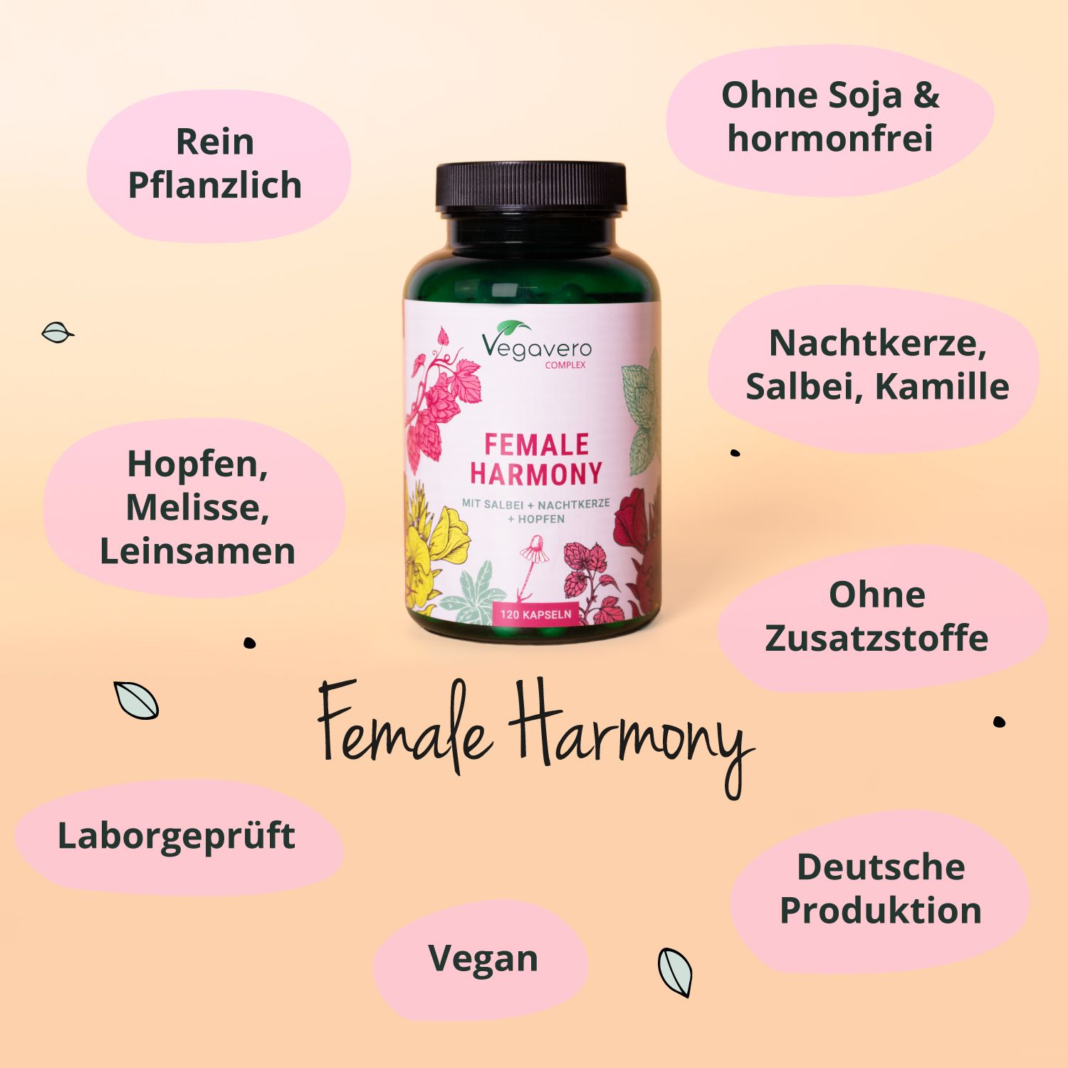 Flasche Vegavaro Female Harmony. Text: Hopfen, Melisse, Leinsamen, ohne Soja, ohne Zusatzstoffe, vegan, Laborgeprüft, deutsche Produktion.