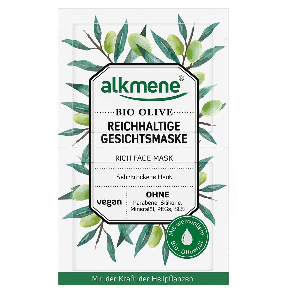 Gesichtsmaske-Verpackung mit Olivenzweigen. Text: Alkmene, Bio Olive, Reichhaltige Gesichtsmaske, Rich Face Mask. Vegan. Ohne Parabene, Silikone, Mineralöl, PEGs, SLS.