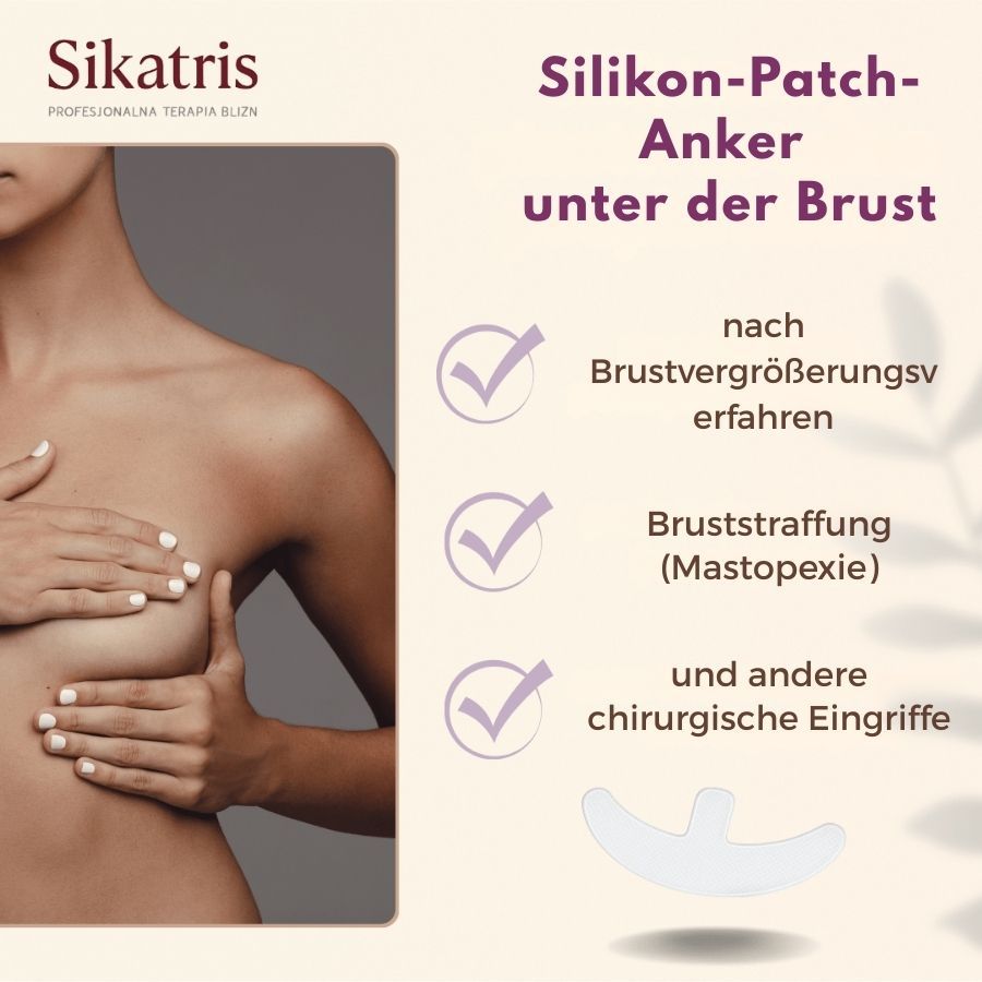 Frau berührt ihre Brust. Text: Silikon-Patch-Anker unter der Brust. Indikationen: Brustvergrößerung, Bruststraffung, chirurgische Eingriffe.