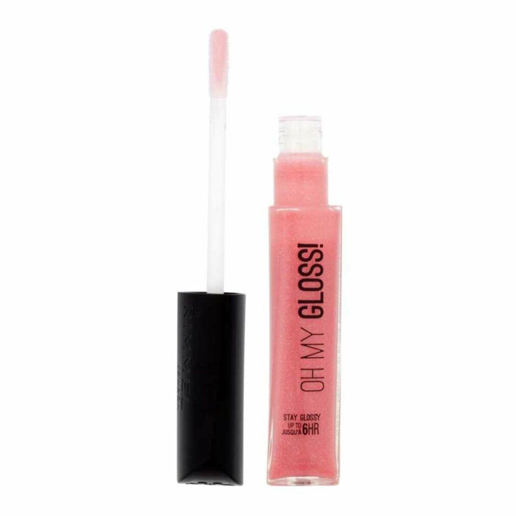 Geöffneter Lipgloss mit Applikator. Rosa Farbton. Aufschrift: OH MY GLOSS! Schwarzer Deckel. Aufschrift: UP TO 6HR.