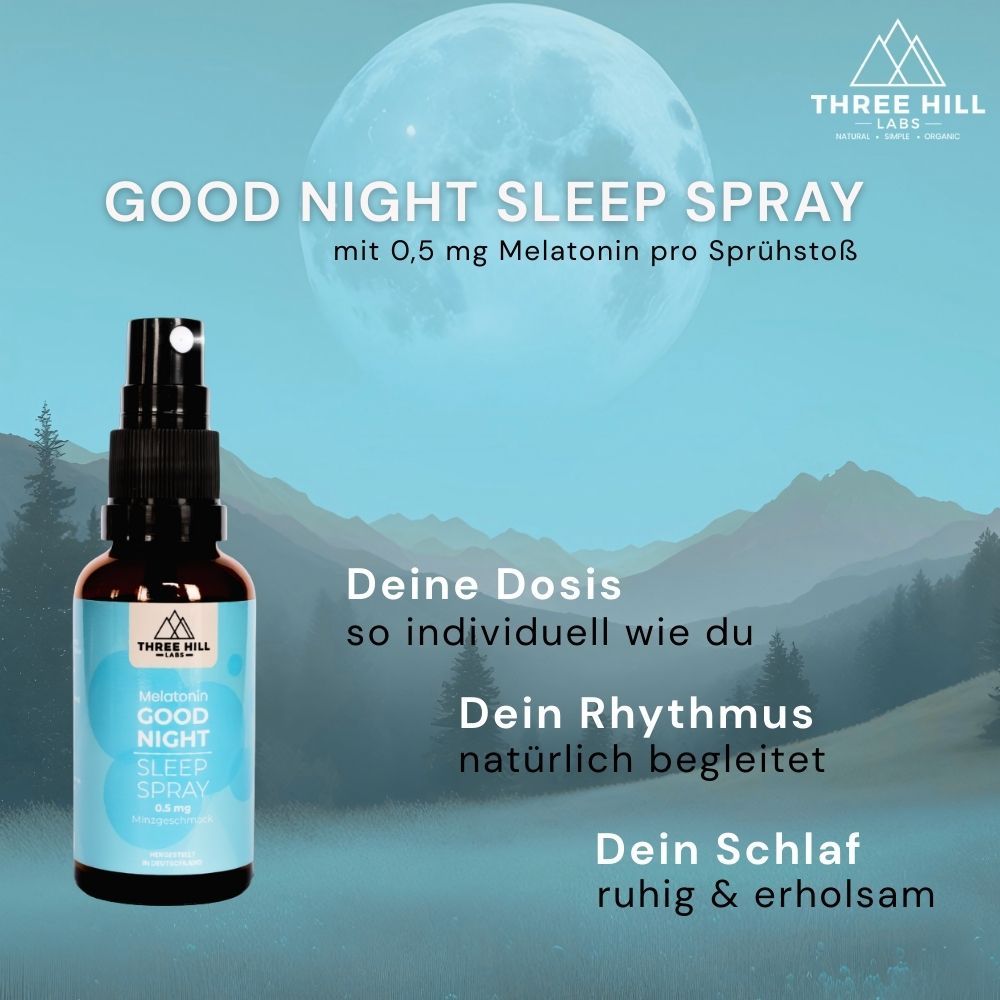 Braune Flasche mit blauem Etikett. Aufschrift: Good Night Sleep Spray. Text: Deine Dosis, Dein Rhythmus, Dein Schlaf.