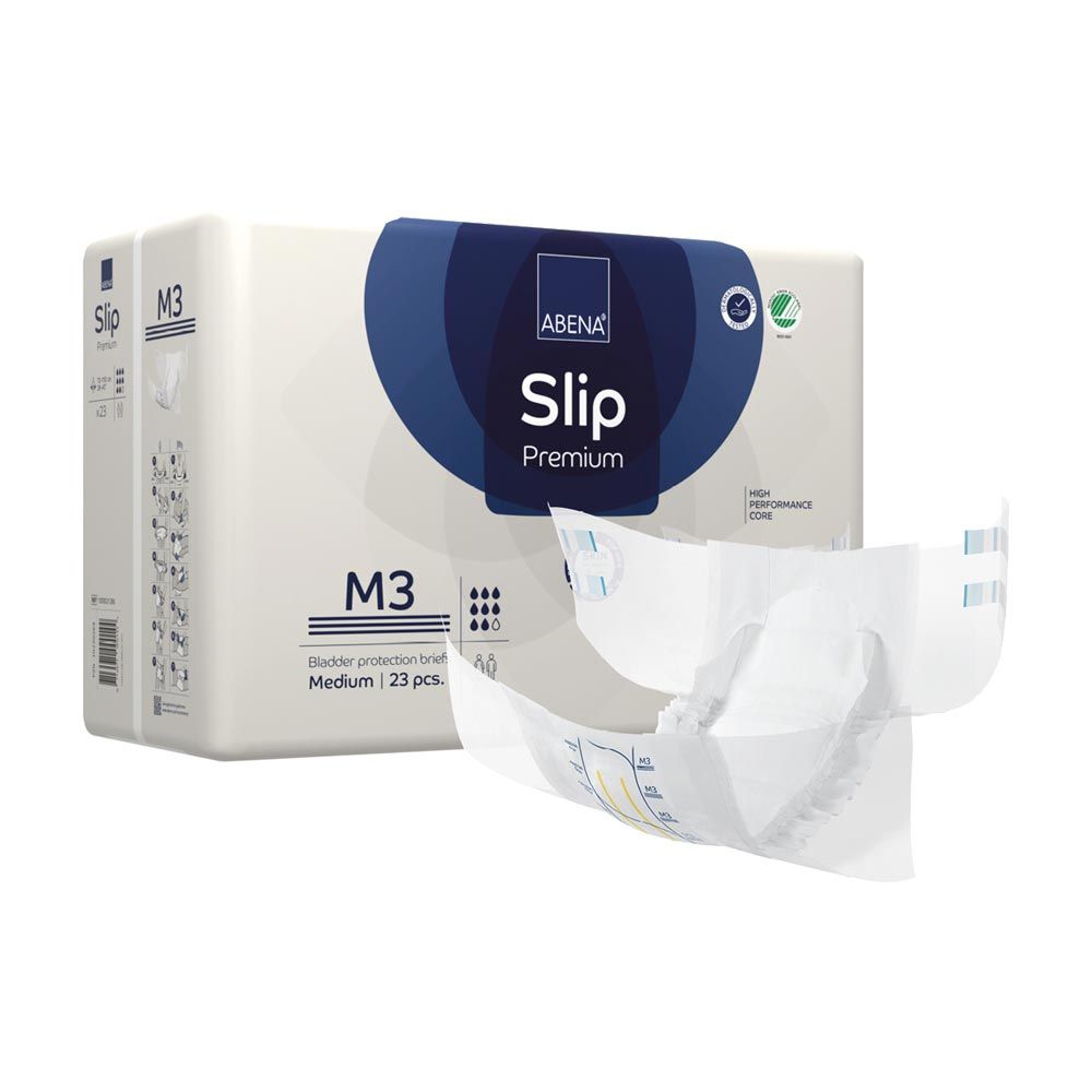Packung ABENA Slip Premium M3 und ein geöffneter Slip. Aufdruck: ABENA, Slip, Premium, M3, Medium, 23 Stück. Grün-Siegel.