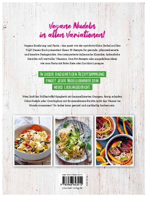 Rückseite des Buches "Pasta Vegan". Text und drei Fotos von Pastagerichten. ISBN und Verlagslogo unten.