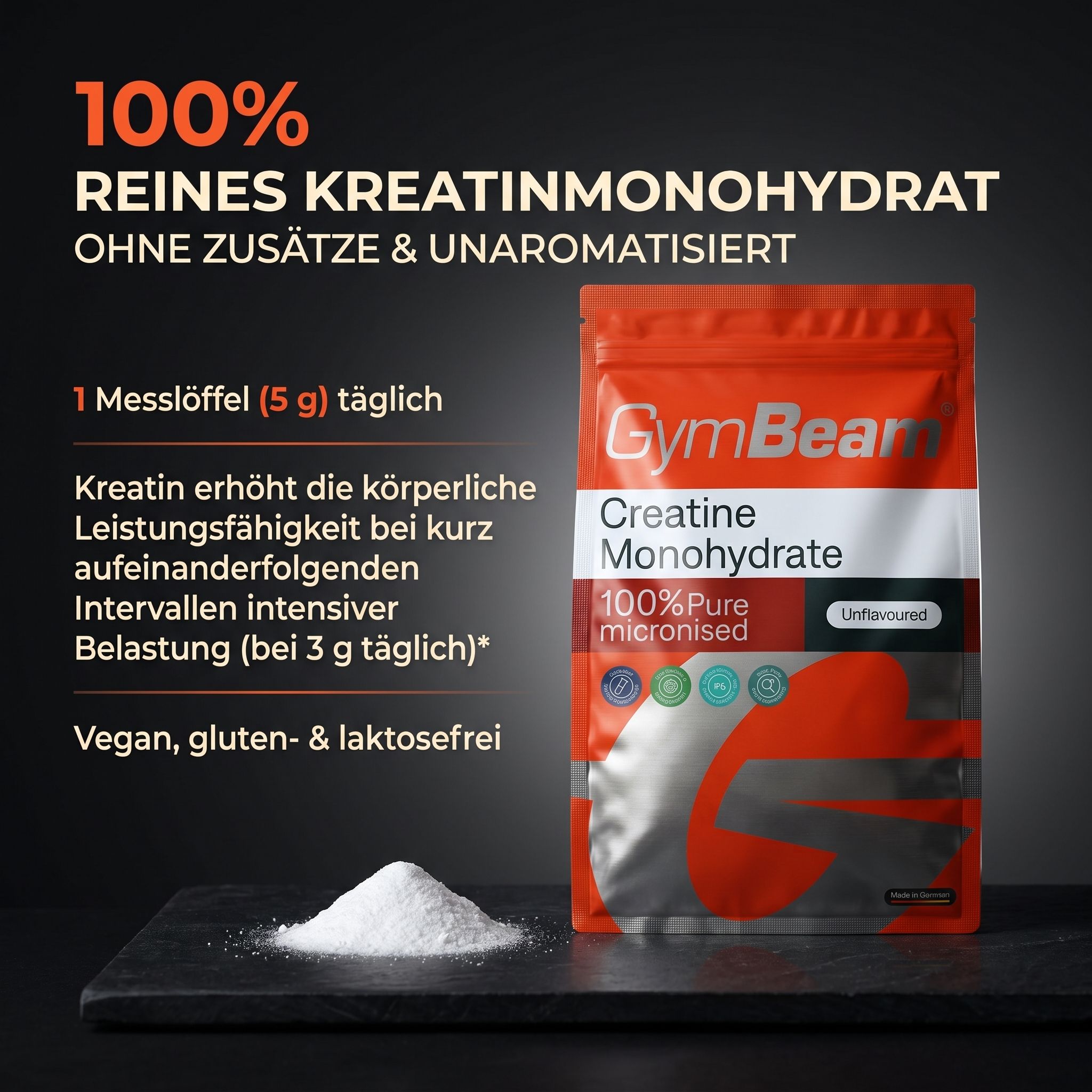 GymBeam Creatine Monohydrate Beutel mit 100% reinem mikronisiertem Kreatin. Vegan, gluten- & laktosefrei.
