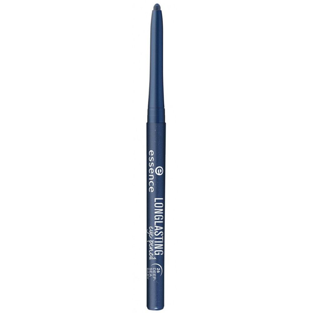 Blauer Augenstift. Aufschrift: Essence, Longlasting Eye Pencil. 24h Deep. Stift mit Drehmechanismus.