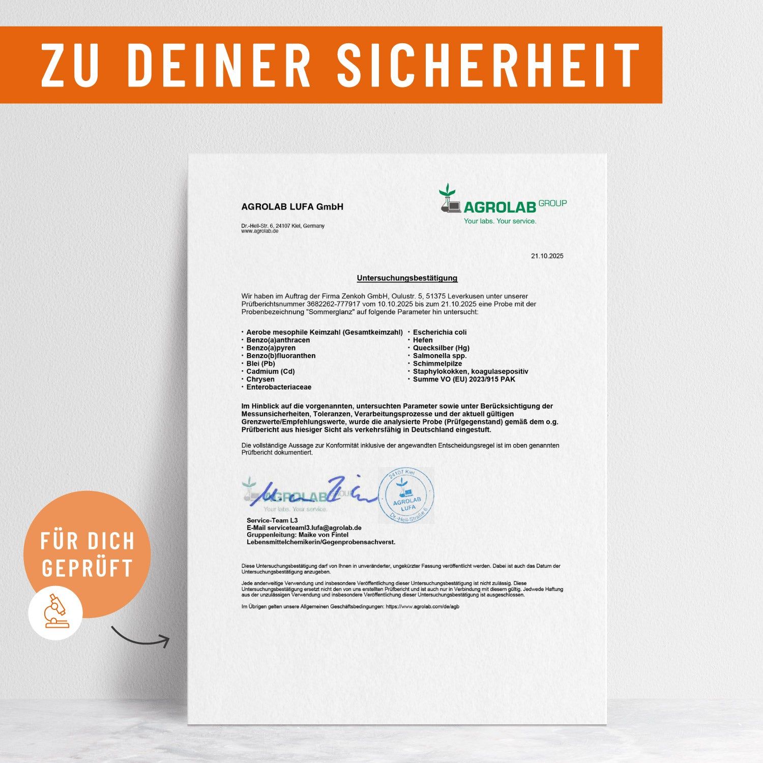Zertifizierungsdokument von Agrolab LUFA GmbH. Text: Für Dich geprüft. Unterschriften und Analyseergebnisse.