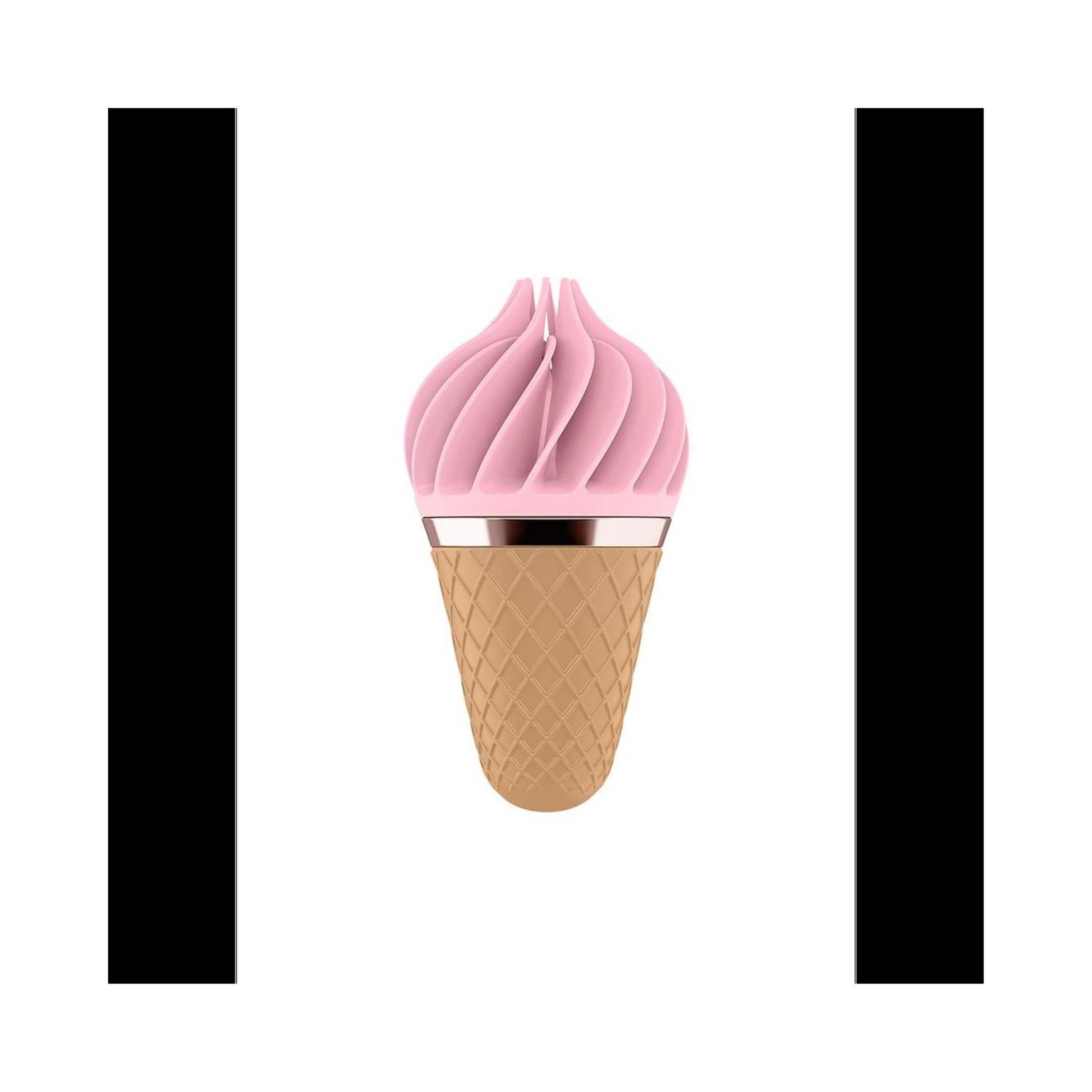 Produkt in Eisform. Rosa Produkt mit goldfarbenem Ring und Waffel-Design. Auf weißem Hintergrund, mit schwarzen Balken links und rechts.
