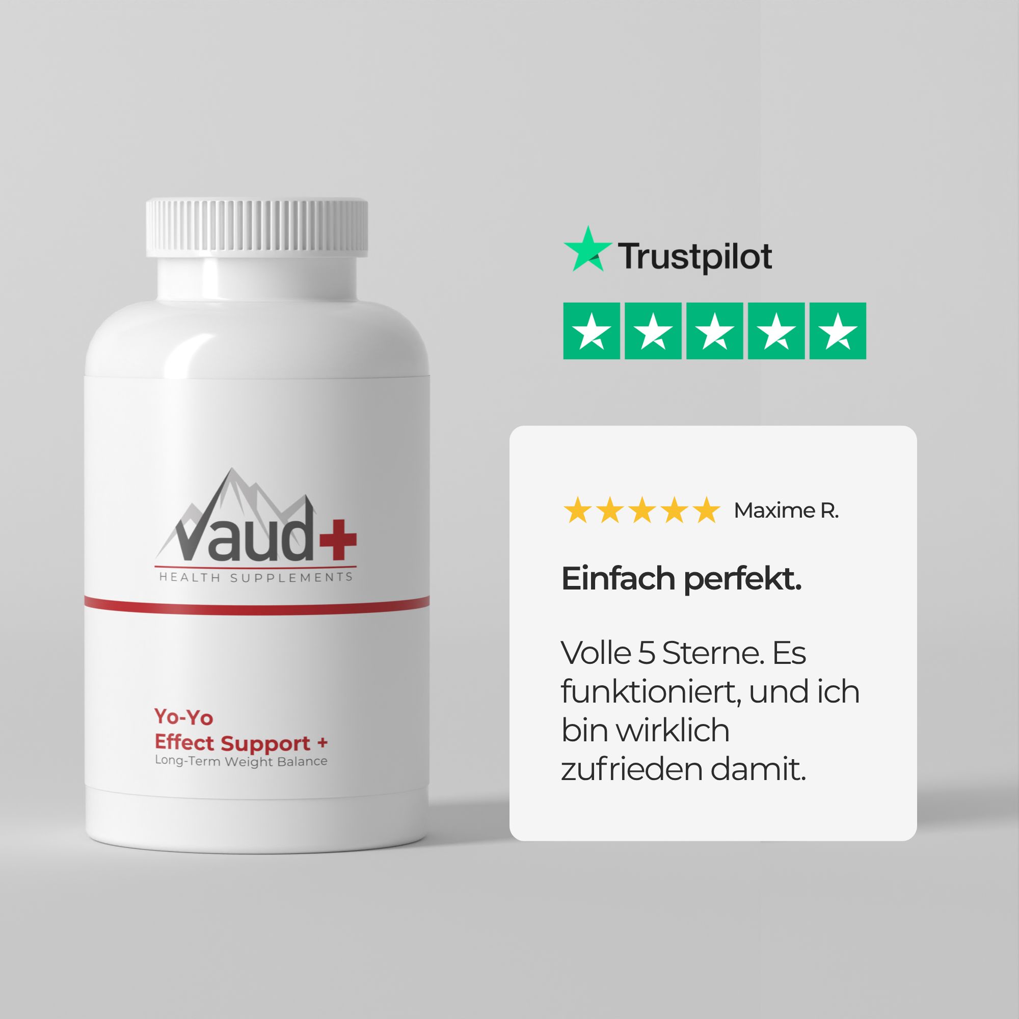 Weiße Flasche mit Logo und Text. Trustpilot-Bewertung mit 5 Sternen. Text: Einfach perfekt. Vaud+ Health Supplements.