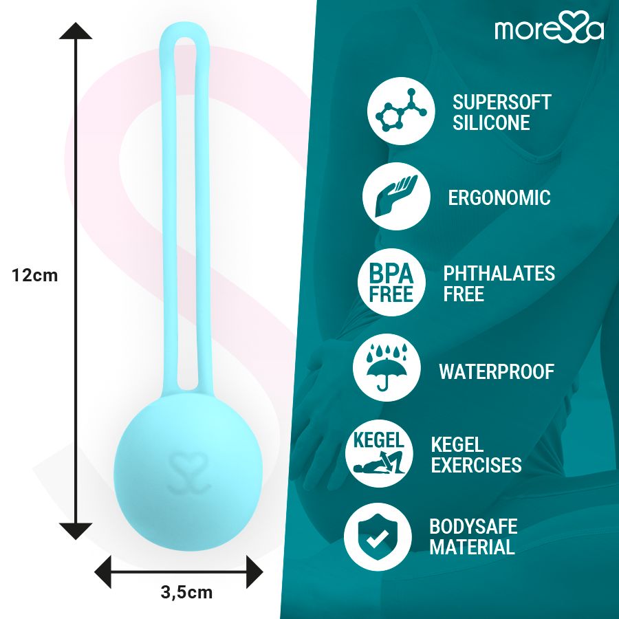 Türkisfarbene Kegel-Kugel mit Schlaufe. Maße: 12cm hoch, 3,5cm breit. Text: SUPERSOFT SILICONE, ERGONOMIC, BPA FREE, WATERPROOF, BODYSFE MATERIAL. Marke: more❤sa.