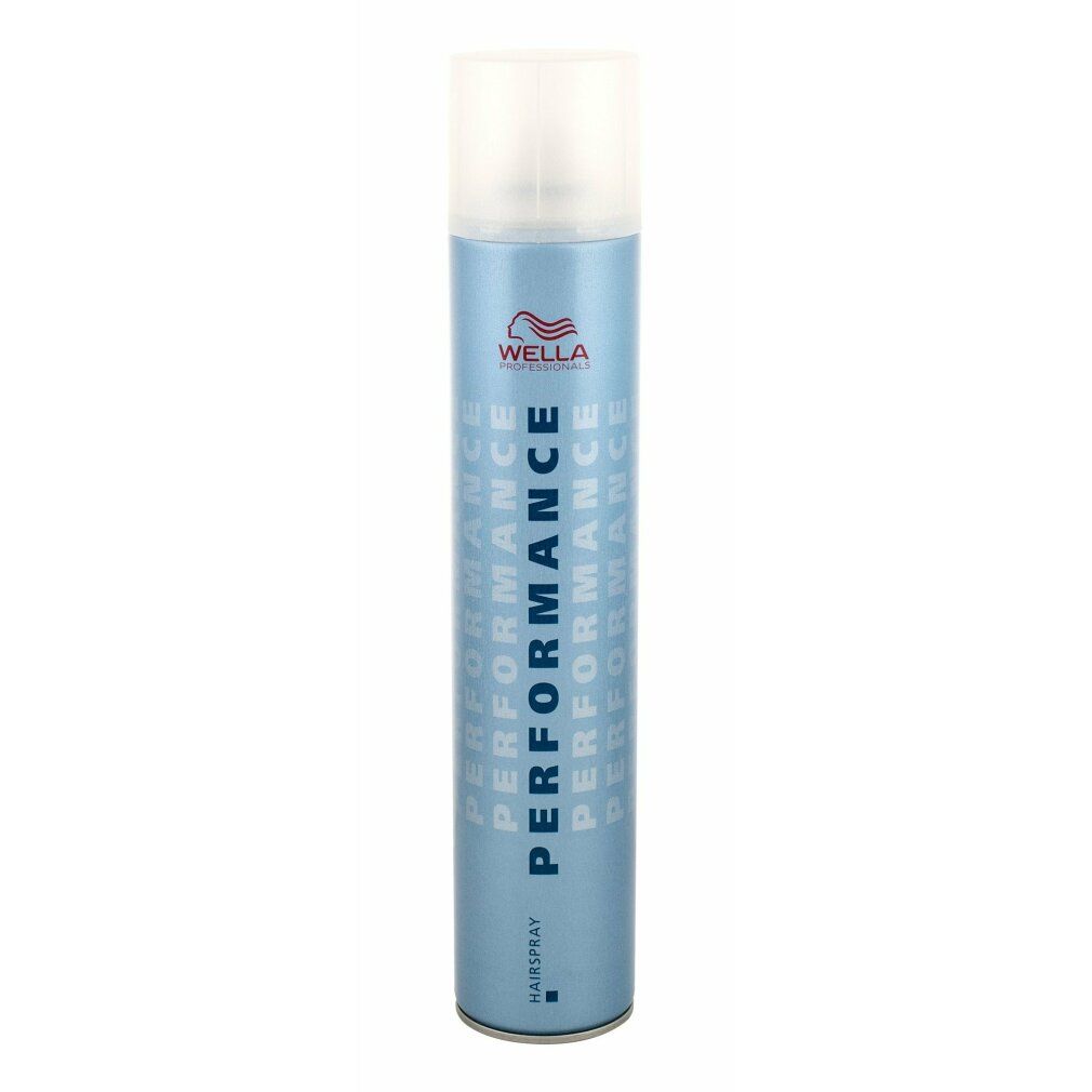 Haarspray-Dose mit blauem Etikett. Oben weißer Sprühkopf. Aufschrift: PERFORMANCE, HAISPRAY, WELL.