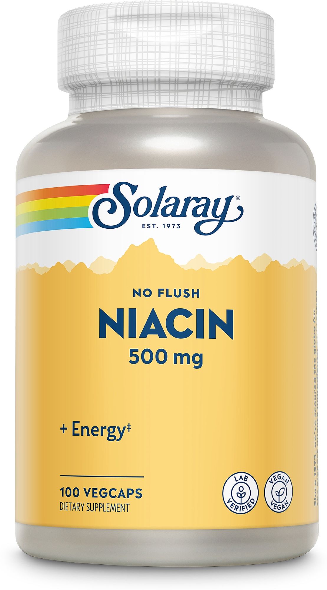 Solaray VegCaps Niacin B3 500 mg, 100 Kapseln. Flaschenetikett mit Regenbogen und Bergmotiv.