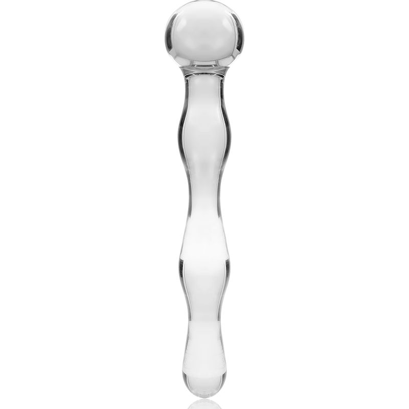 Dildo aus Borosilikatglas. Transparent, mit Kugel am oberen Ende und geschwungenem Schaft. Auf weißem Hintergrund.
