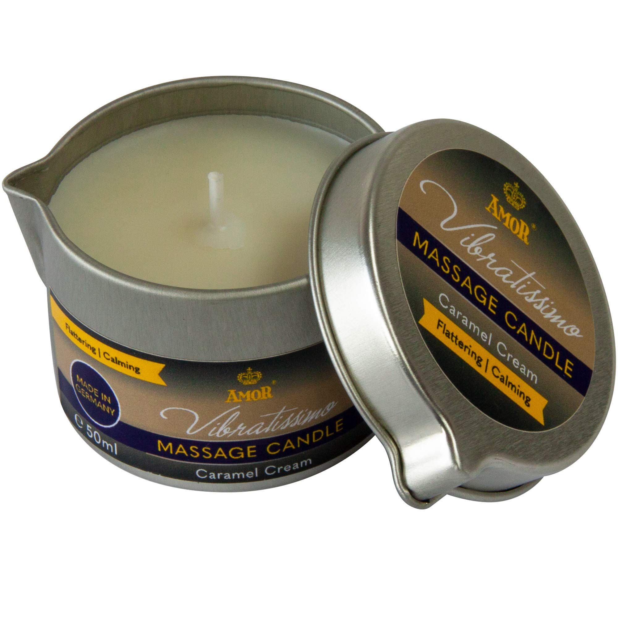 Massagekerze in Metalldose mit Ausguss, Duft Caramel Cream.