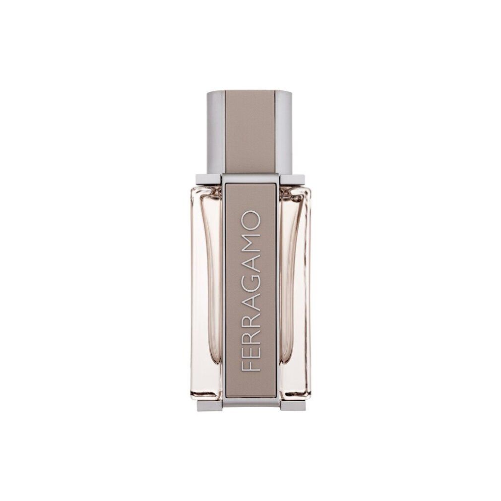 Herren-Eau de Toilette-Flakon. Rechteckige Form, beige-silberne Details. Schriftzug FERRAGAMO.