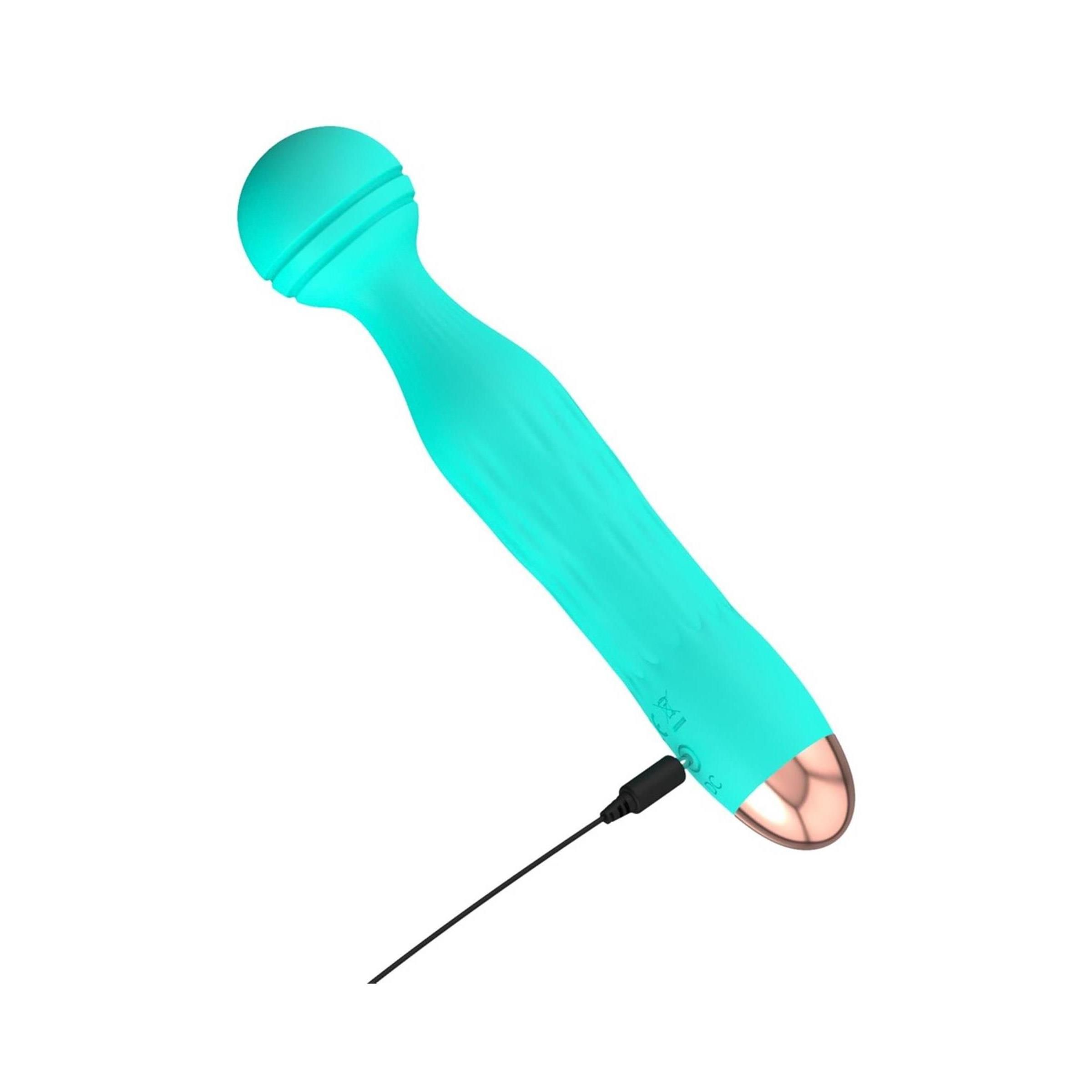 Türkisgrüner Vibrator mit abgerundetem Kopf und goldfarbener Spitze. Mit Ladekabel.