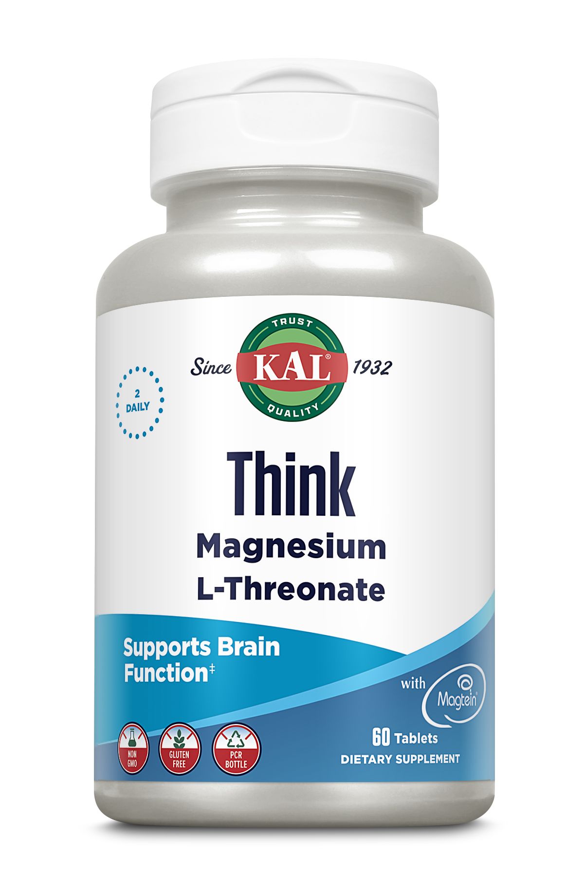 Eine Flasche mit Tabletten. Aufschrift: Think Magnesium L-Threonat. Enthält 60 Tabletten. Marke: KAL.