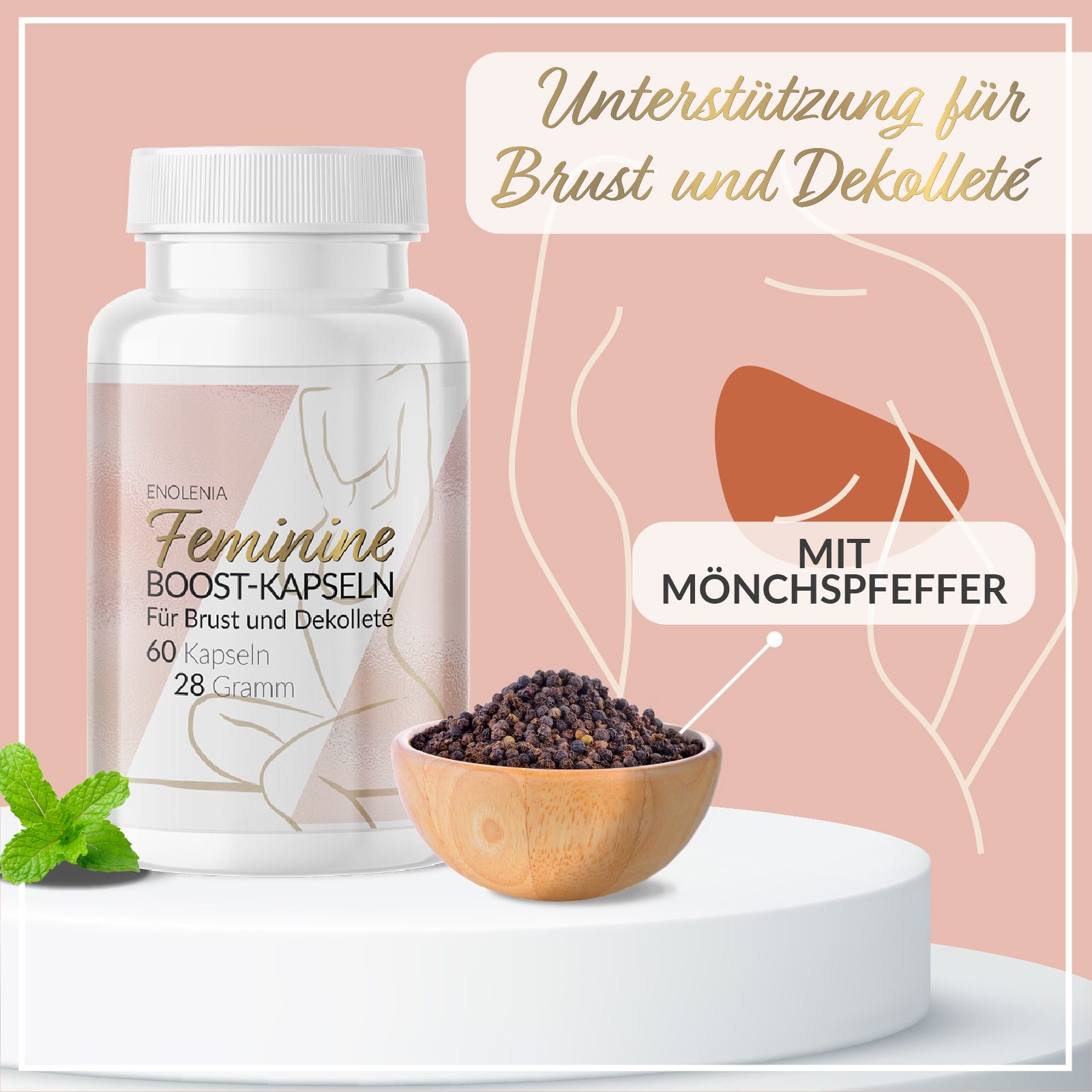 Produktflasche mit Schale voller Mönchspfeffer-Samen.