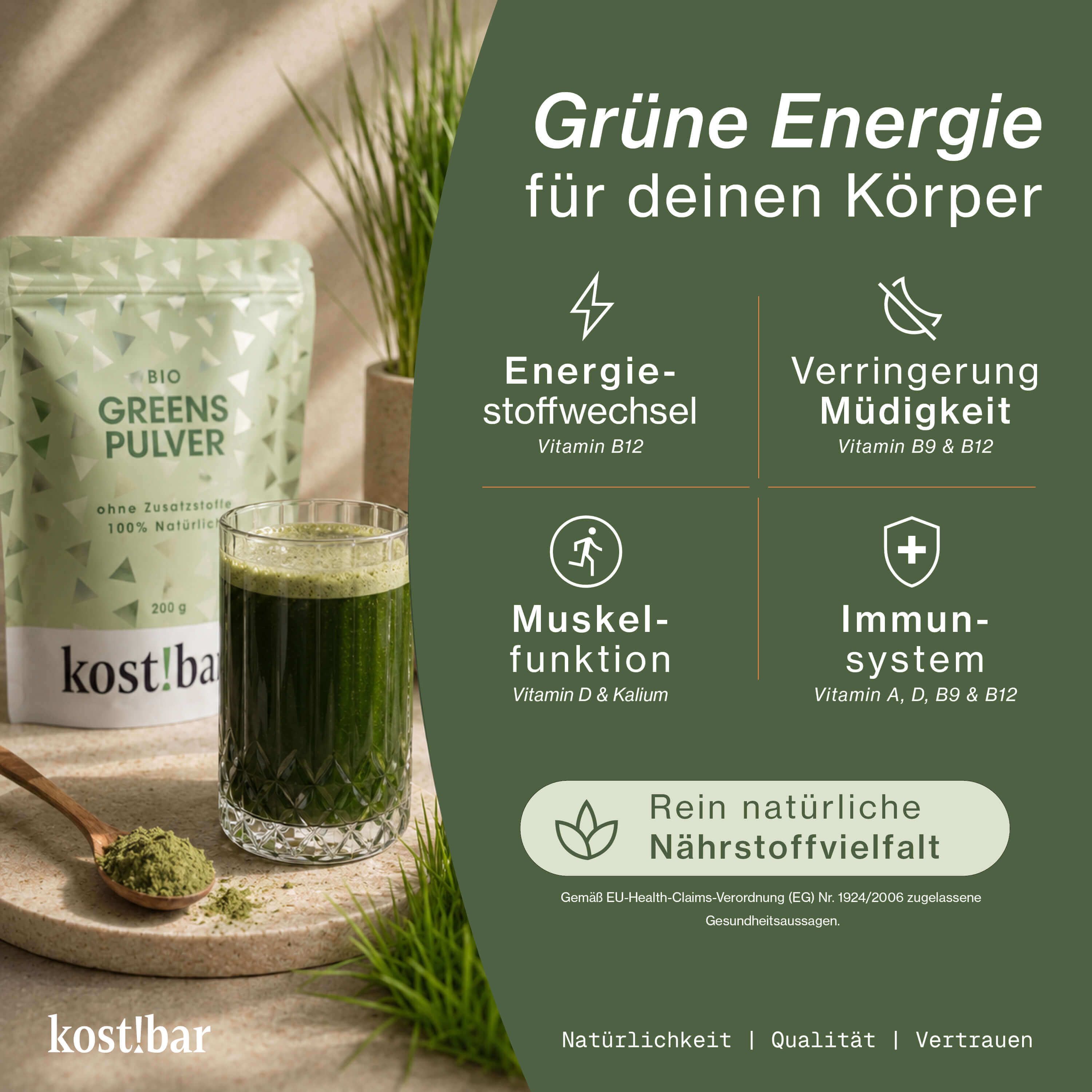 Grüne Energie für den Körper: Beutel, Glas, Pulver. Unterstützt Stoffwechsel, Müdigkeit, Muskelfunktion, Immunsystem.