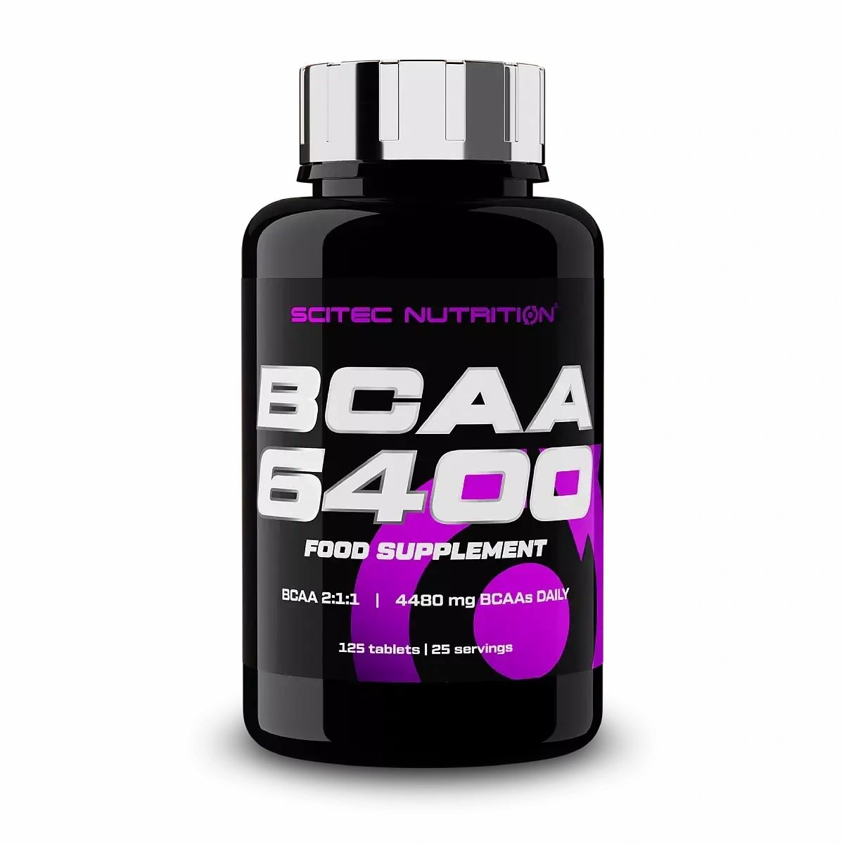 Schwarze Flasche mit weißem Deckel. Aufschrift: Scitec Nutrition, BCAA 6400, Food Supplement. Enthält 125 Tabletten.