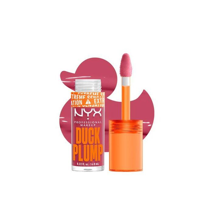 Lippen-Gloss. NYX Duck Plump. Flasche mit orangefarbenem Deckel und Applikator. Rosa Gloss-Farbe. Aufschrift: EXTREME SENSATION.