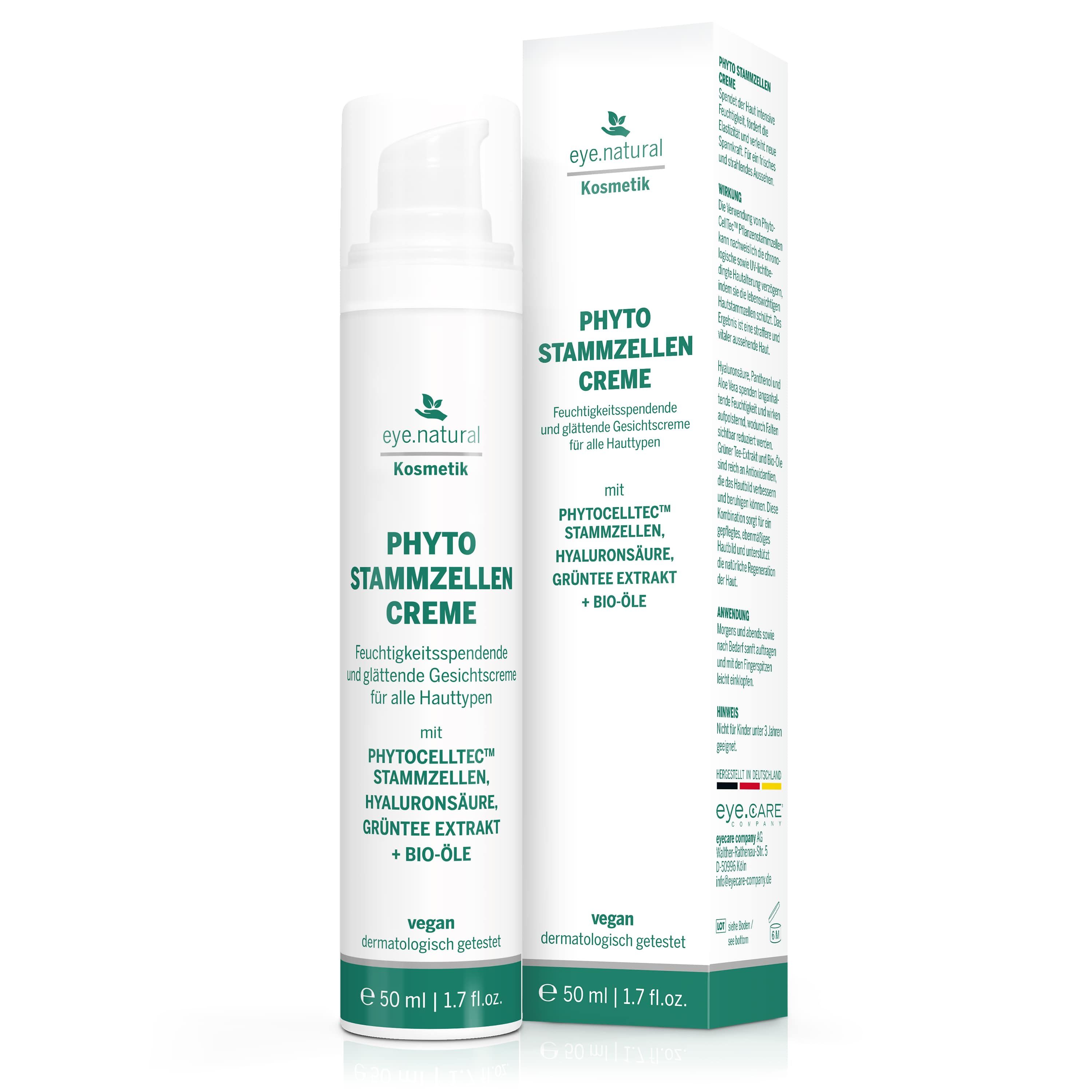 eye.natural Phyto Stammzellencreme. Produktverpackung. Text: feuchtigkeitsspendend, glättend, für alle Hauttypen, vegan, dermatologisch getestet.